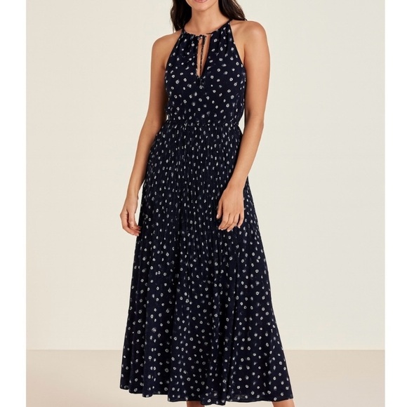 Maison Jules Dresses & Skirts - Maison Jules Size XS Sheer Pleated Eyelet Maxi Dress Navy Pink Boho
